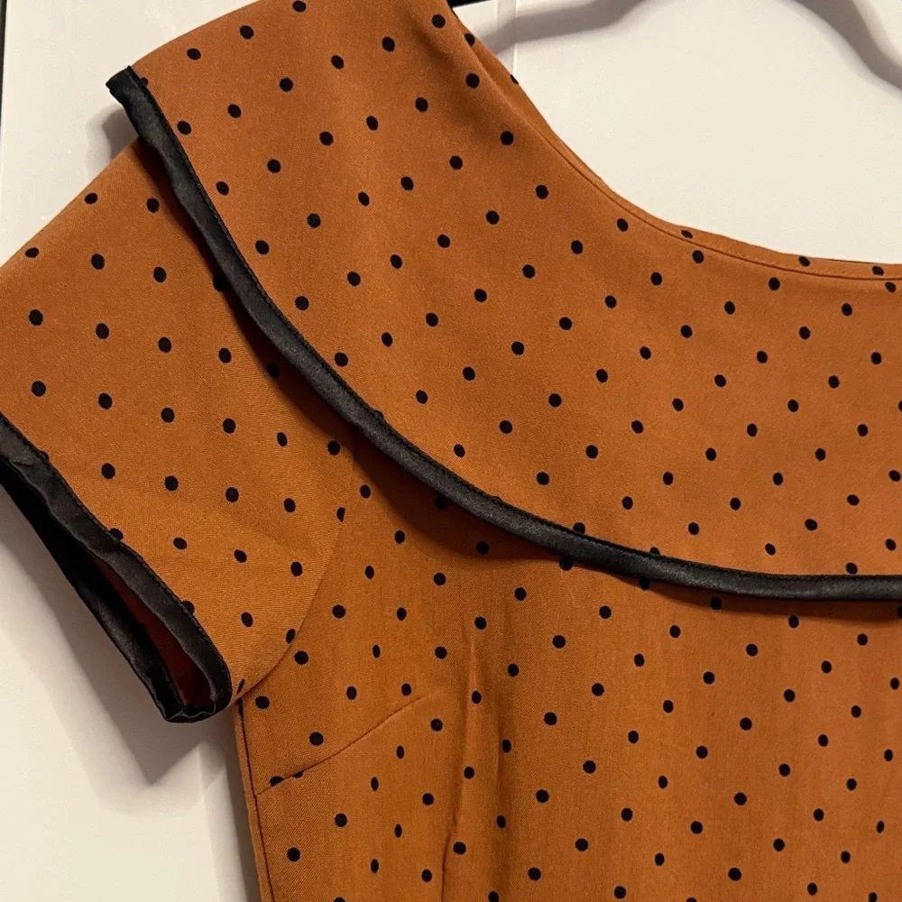 Tatyana Rust Polka Dot Midi Dress with Black Trim - Picture 4 of 6